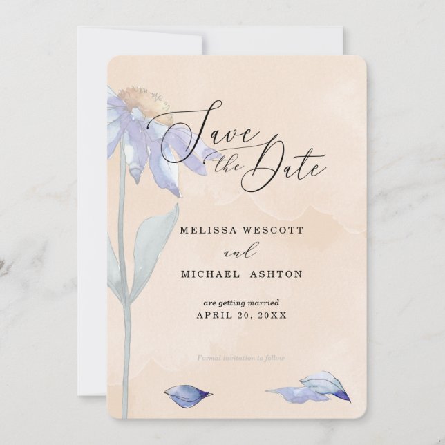 Aquarellpfirsich mit Lila Daisy-Hochzeit Save The Date (Vorderseite)