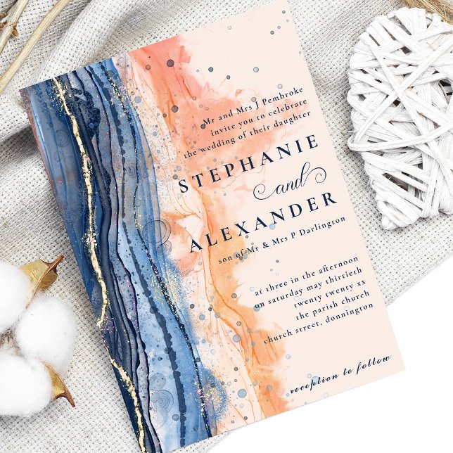 Aquarellpfirsich und Blauer feierliche Hochzeit Einladung (Von Creator hochgeladen)