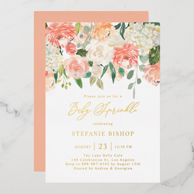 Aquarellpfirsich und Elfenbein-Blume Kindersprinkl Folieneinladung (Vorderseite/Rückseite)