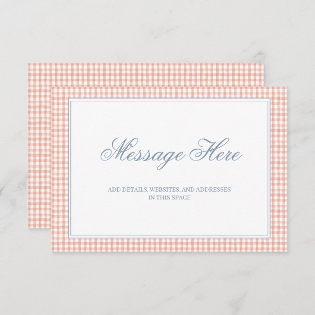 Aquarellpfirsich und White Gingham Wedding Begleitkarte (Vorne/Hinten)