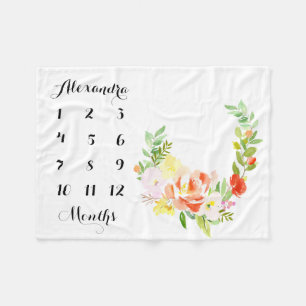Aquarellpfirsiche Peonies Wreath Baby Milestone Fleecedecke