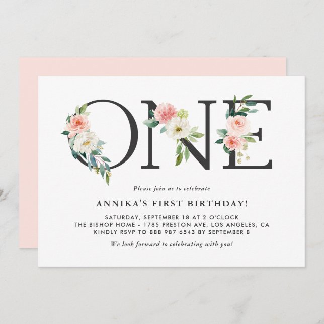 Aquarellpfirsichfarben Blume Blumenbeere Erster Ge Einladung (Vorne/Hinten)