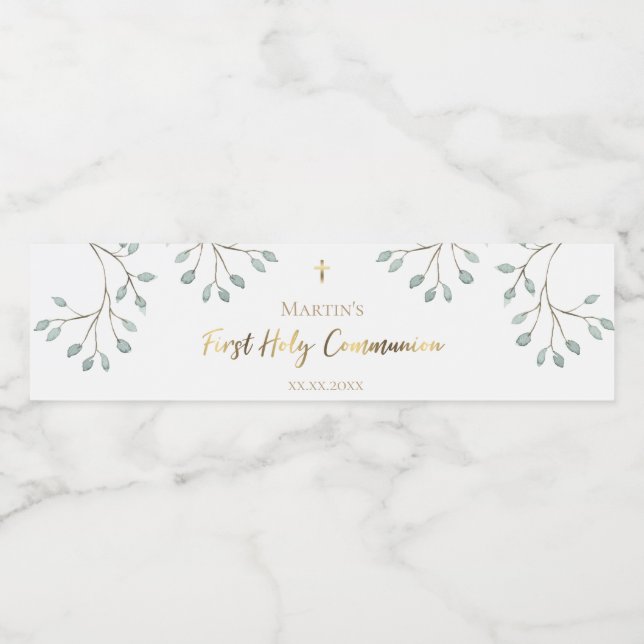 Aquarellpflanze Erste Kommunion Wasserflaschenetikett (Einzelnes Label)