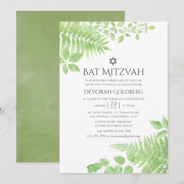 Aquarellpflanze Foliage Bat Mitzvah Einladung (Vorne/Hinten)