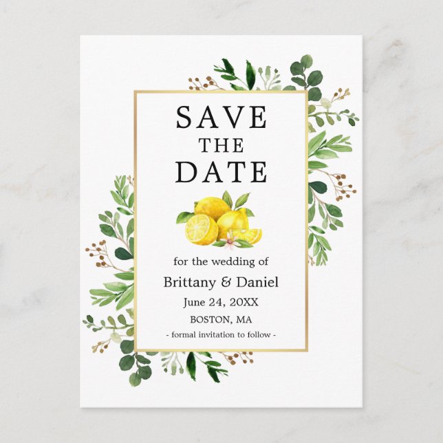 Aquarellpflanze Lemons Save the Date Postkarte (Vorderseite)