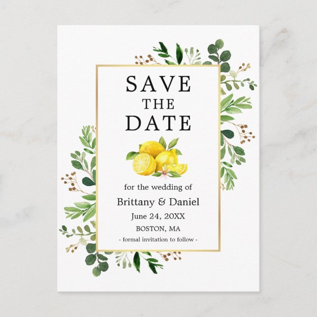 Aquarellpflanze Lemons Save the Date Postkarte (Vorderseite)