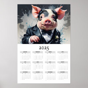 Aquarellpig Tuxedo Bow Krawatte 2025 Mauerkalender Poster