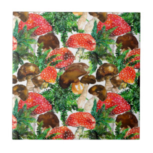 Aquarellpilze und grünes Farnmuster Fliese