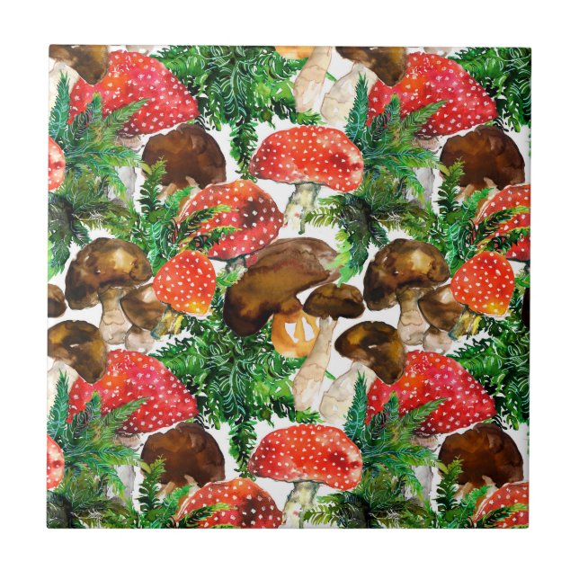 Aquarellpilze und grünes Farnmuster Fliese (Vorderseite)