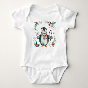 Aquarellpinguin mit Candy Cane Holiday Outfit Baby Strampler