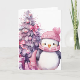 Aquarellpinguin & Pink Weihnachtsbaum Karte