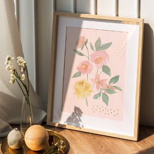 Aquarellpink Gelbe florale Botanische Polka Dot Foliendrucke