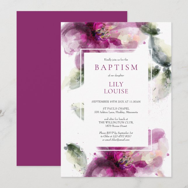 Aquarellpink Lily Floral Taufe Christening Einladung (Vorne/Hinten)