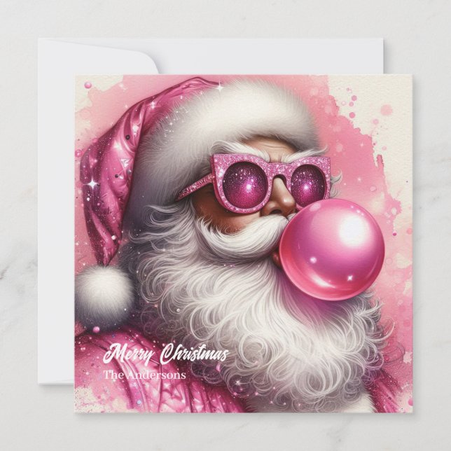 Aquarellpink Santa blühende Rosa Kaugummi Feiertagskarte (Vorderseite)