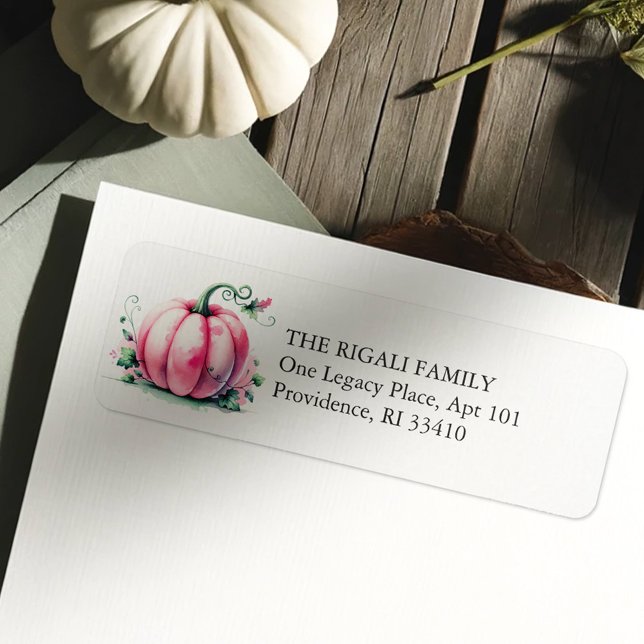 Aquarellpinkanzlerin Rücksendeadresse (Pink pumpkin return address labels watercolor fall whimsical pumpkins)