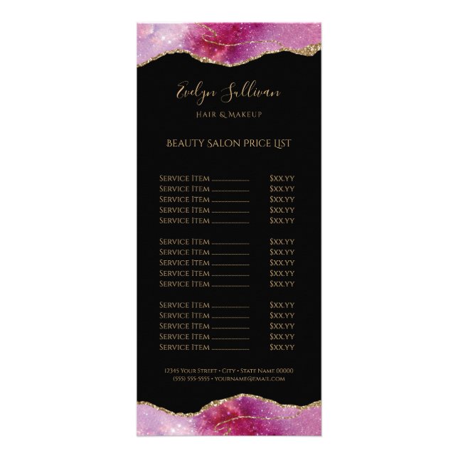 Aquarellpinke auf schwarzer Preisliste Werbekarte (Vorne)