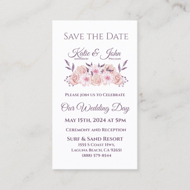 Aquarellpinke Blume - auf Hochzeiten Save the Date Visitenkarte (Vorderseite)