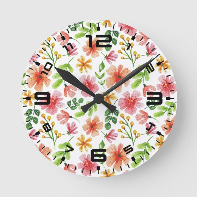 Aquarellpinke Blume Blumenmuster-69677 Runde Wanduhr (Vorderseite)
