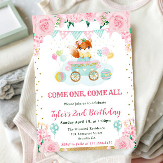 Aquarellpinke Blume Fox Kindergeburtstag Einladung