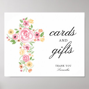 Aquarellpinke Blume Kreuz Erste Kommune Poster