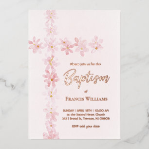 Aquarellpinke Blume kreuzen Taufe Folieneinladung