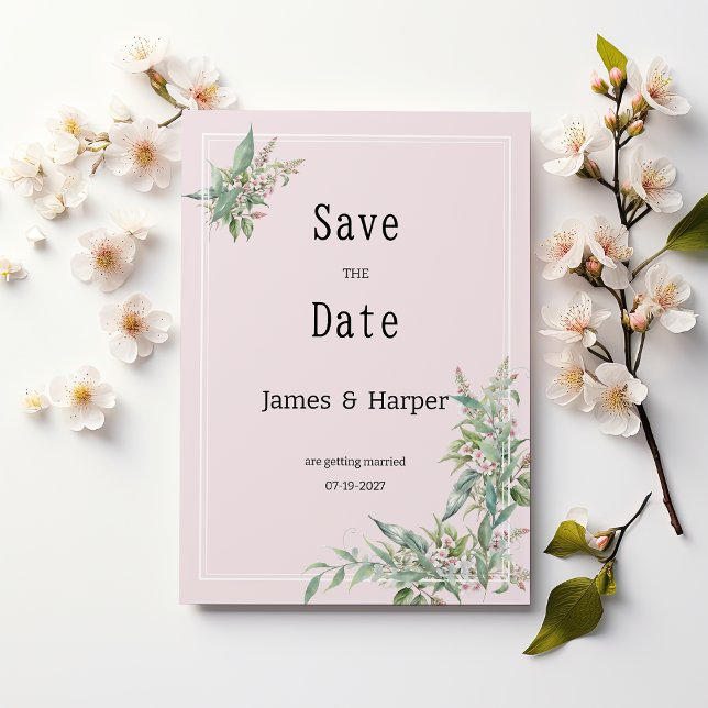 Aquarellpinke Blume Save the Date Einladung (Watercolor pink mint flower bouquet Save the Date)