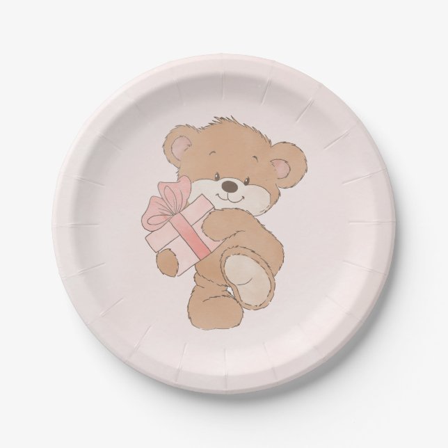 Aquarellpinke, einfache Teddy Bear Babydusche Pappteller (Vorderseite)