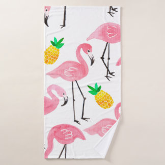 Aquarellpinke Flamingo und gelbe Ananas Badehandtuch