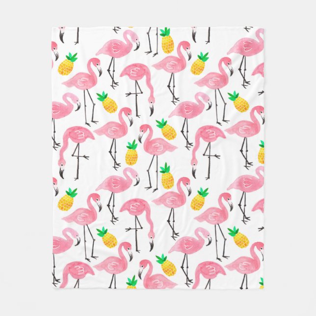 Aquarellpinke Flamingo und gelbe Ananas  Fleecedecke (Vorderseite)