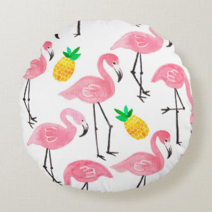 Aquarellpinke Flamingo und gelbe Ananas Rundes Kissen