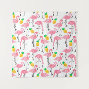 Aquarellpinke Flamingo und gelbe Ananas  Wandteppich