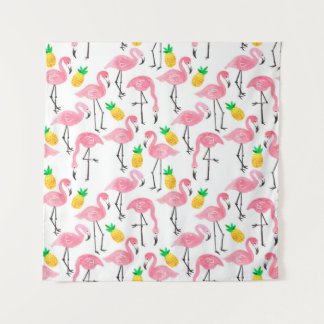 Aquarellpinke Flamingo und gelbe Ananas  Wandteppich