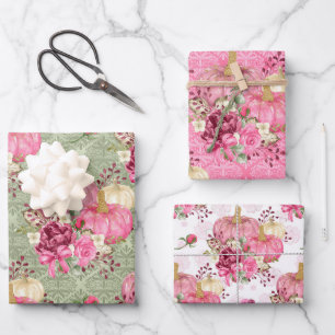 Aquarellpinke, floraler Pumpkin auf Damaskus-Muste Geschenkpapier Set