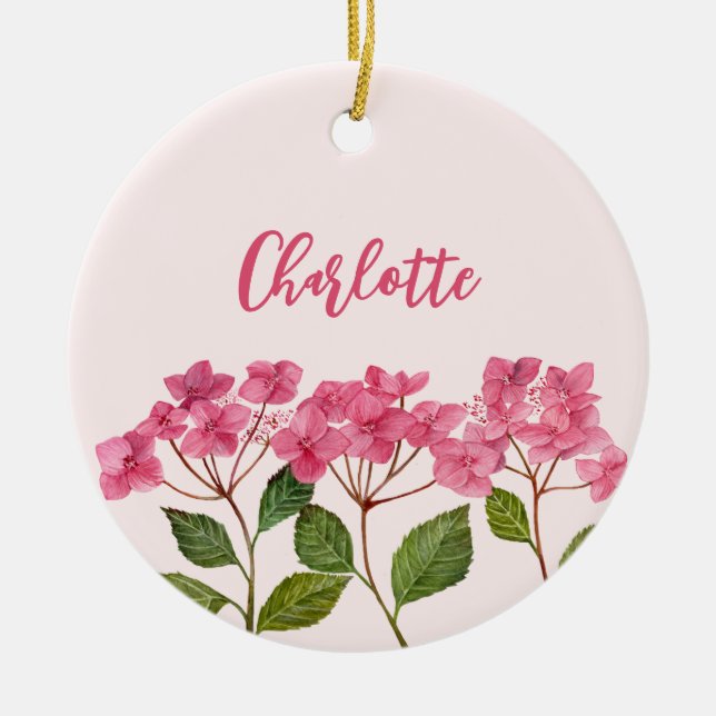 Aquarellpinke Hydrangea Lacecaps Blume Malerei Keramik Ornament (Vorne)