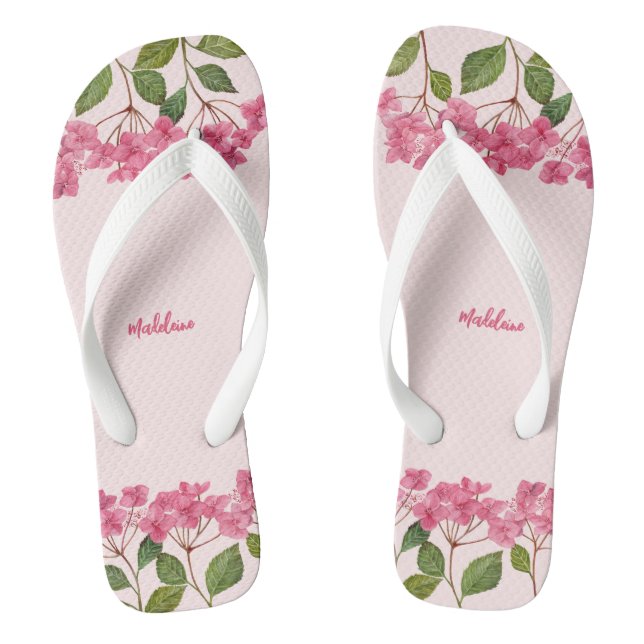 Aquarellpinke Hydrangea Lacecaps Illustration Flip Flops (Fußbett)