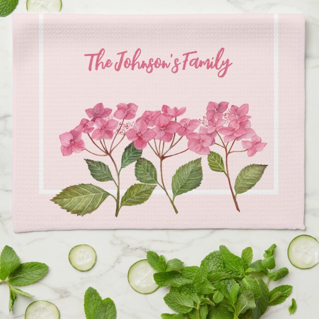 Aquarellpinke Hydrangea Lacecaps Illustration Geschirrtuch (Gefaltet)