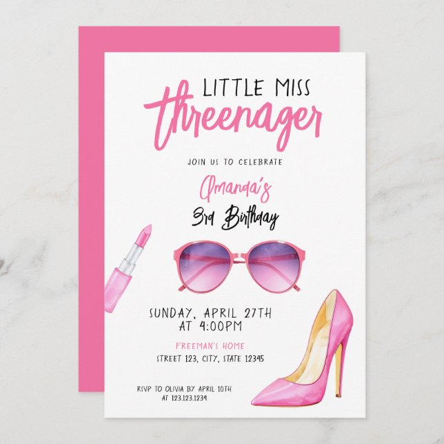 Aquarellpinke Makeup Thema 3. Geburtstag Einladung (Vorne/Hinten)