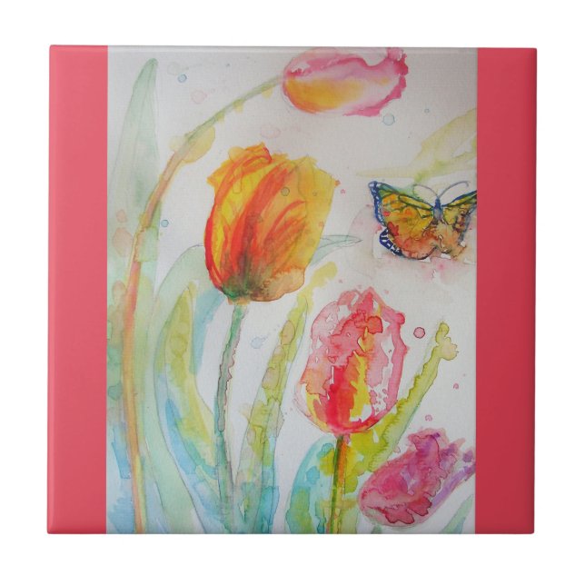 Aquarellpinke Tulip Blume Keramik Tile Fliese (Vorderseite)