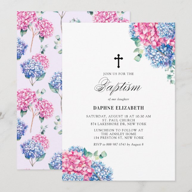 Aquarellpinke und Blaue Hydrangeas Taufe Einladung (Vorne/Hinten)