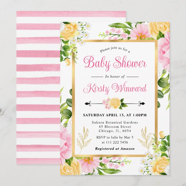 Aquarellpinke und gelbe Blumen Kinderdusche Einladung (Vorne/Hinten)