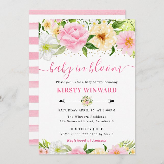 Aquarellpinke und gelbe Blumen Kinderdusche Einladung (Vorne/Hinten)