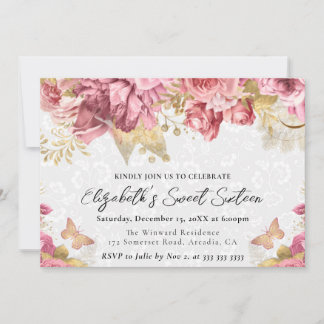 Aquarellpinke und Gold-Blume 16 . Geburtstag Einladung