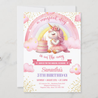 Aquarellpinke und Gold Einhorn 5. Geburtstag Einladung