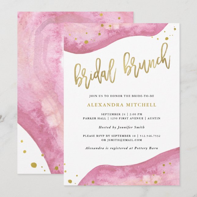 Aquarellpinke und Goldgeode Bridal Brunch Einladung (Vorne/Hinten)