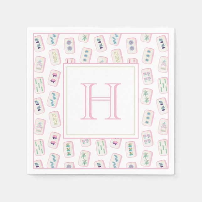 Aquarellpinke und grüne Mahjong-Tiles Monogram Serviette (Vorderseite)