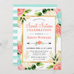 Aquarellpinke und Minze Blume 16 . Geburtstag Einladung