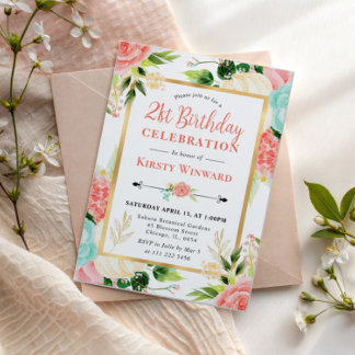 Aquarellpinke und Minze Blume 21. Geburtstag Einladung