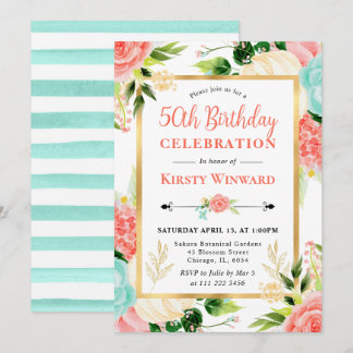Aquarellpinke und Minze Blume 50. Geburtstag Einladung