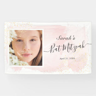 Aquarellpinke x Gold Foto Bat Mitzvah Banner