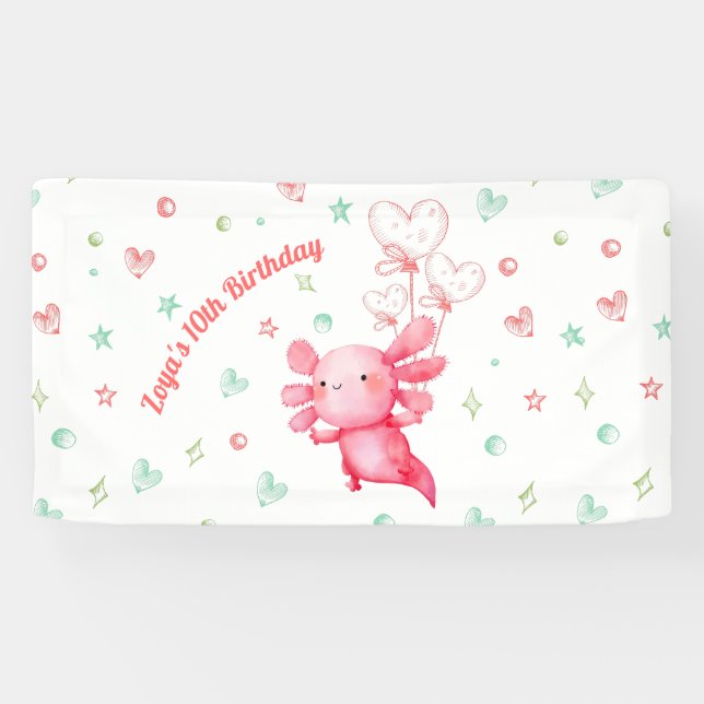 Aquarellpinken Axolotl Fun Kindergeburtstag Party Banner (Horizontal)